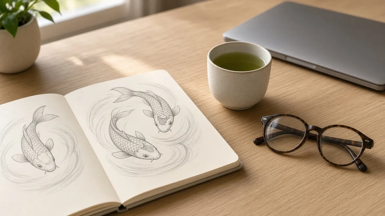 An open notebook with hand-drawn koi sketches next to a laptop and a cup of tea on a wooden desk