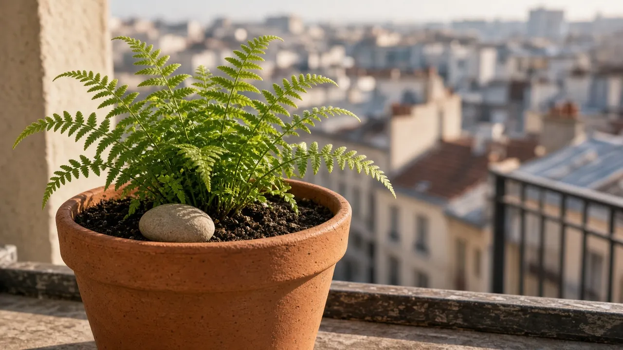 A terracotta planter with a young fern and a small smooth pebble on a sunny balcony