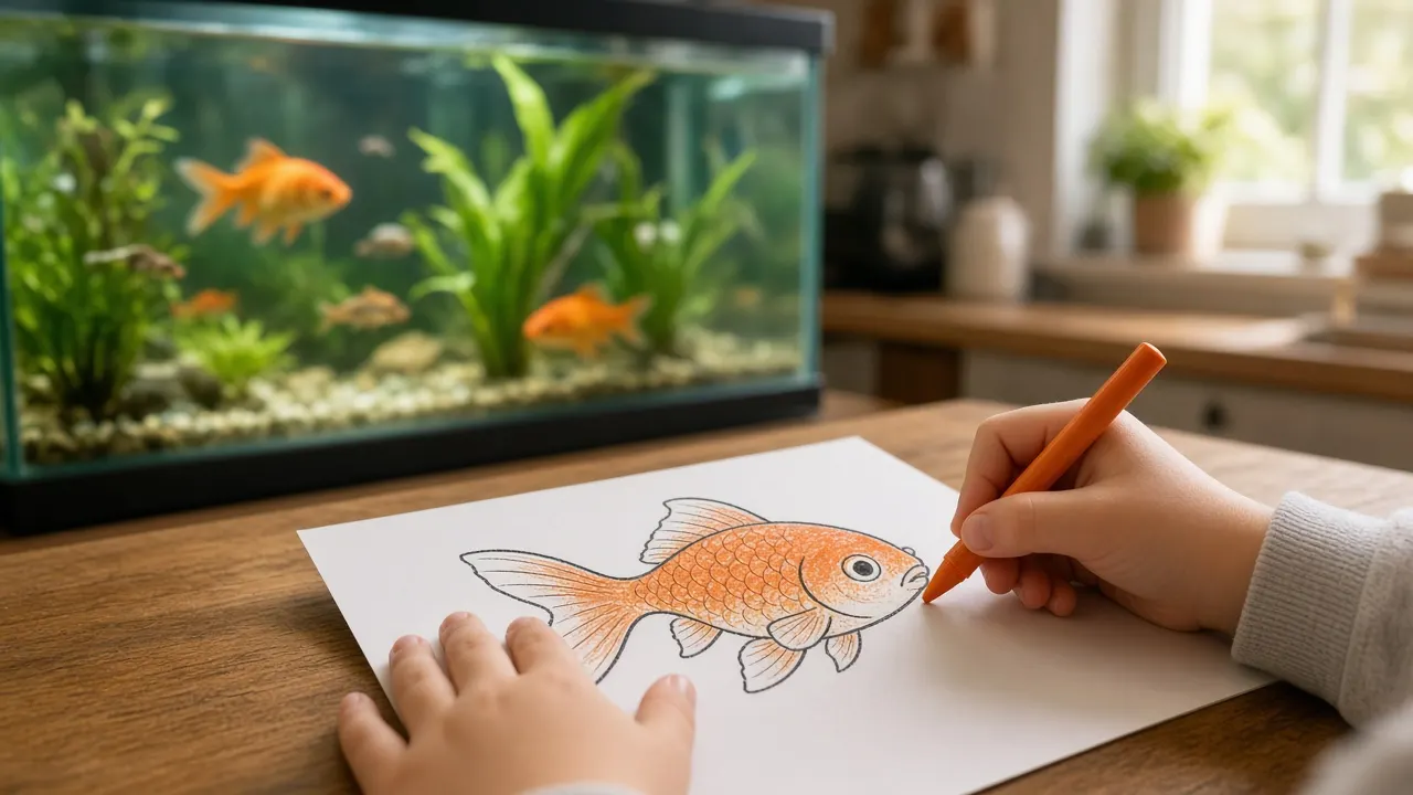A child's hands coloring a bright orange goldfish drawing with crayons on a kitchen table beside a softly lit home aquarium with green plants