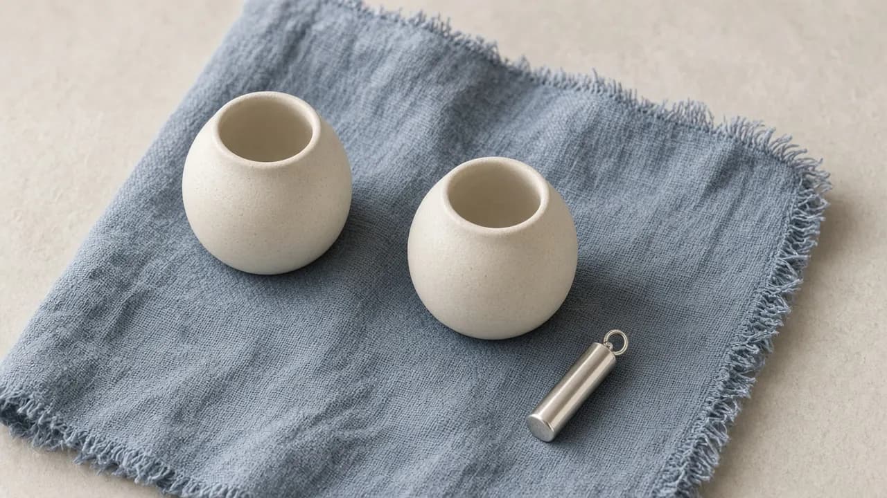 Two small matching keepsake urns and a silver pendant resting on a folded blue linen napkin