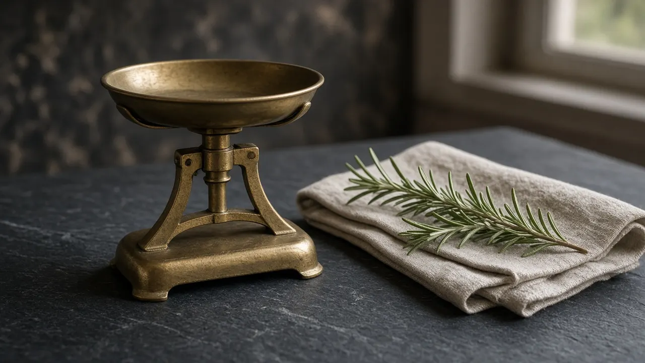 A small brass kitchen scale on a slate countertop beside a folded linen cloth and a sprig of rosemary