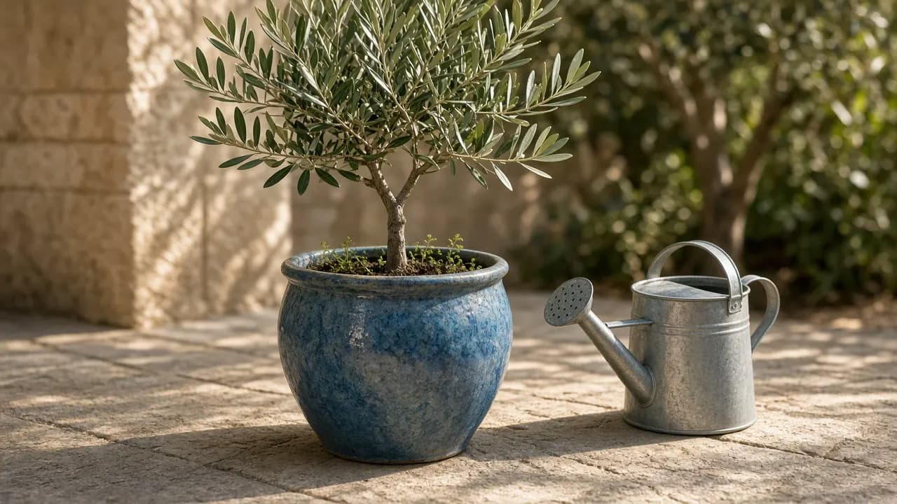 A young olive tree growing in a large glazed blue pot on a sunny stone patio, a watering can beside it in soft afternoon light