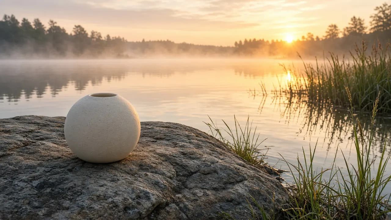 A pale sand-colored biodegradable urn resting on a flat rock at the edge of a calm lake at sunrise, with mist on the water and reeds nearby
