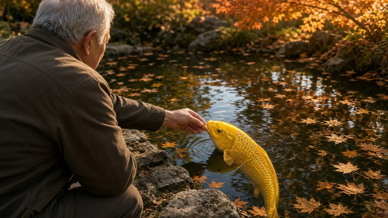 An older man kneeling at the stone edge of a garden pond in autumn, hand-feeding a large yellow ogon koi