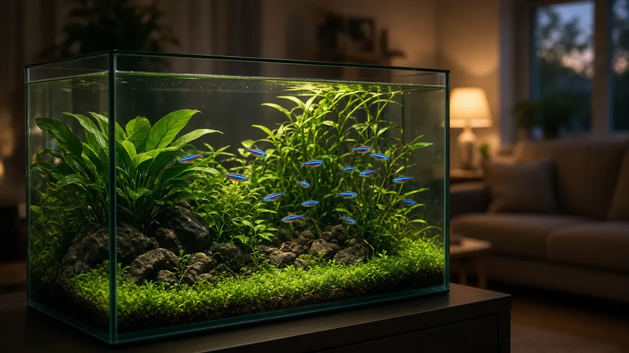 A calm planted aquarium glowing softly in a quiet living room at dusk
