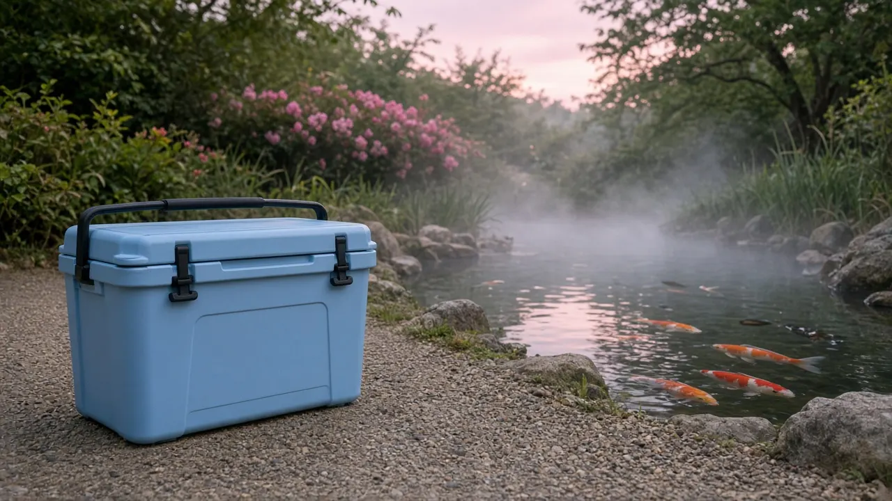 A clean blue picnic cooler on a garden path beside a koi pond at dawn