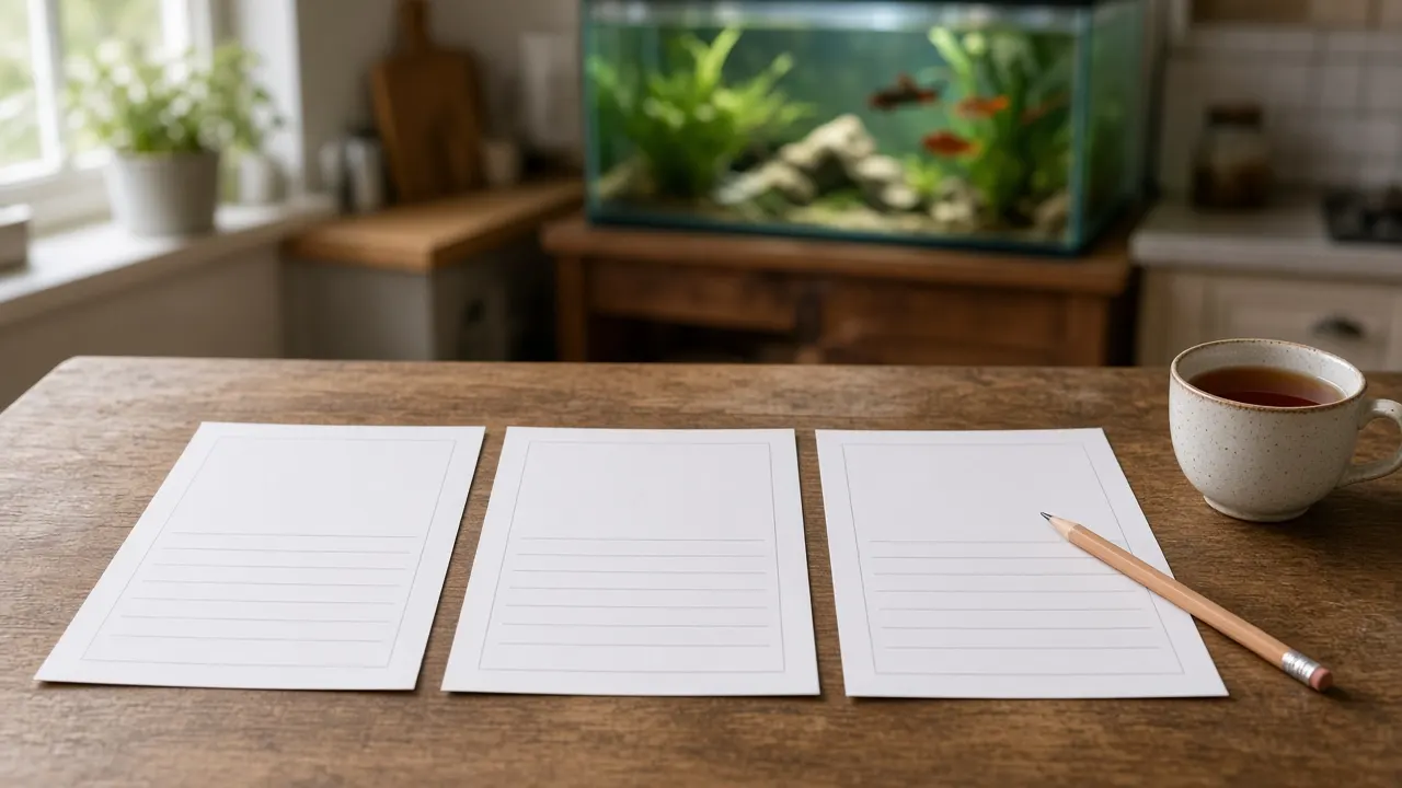 Three blank printed sheets laid side by side on a kitchen table with a pencil and a cup of tea, a small aquarium glowing softly in the background