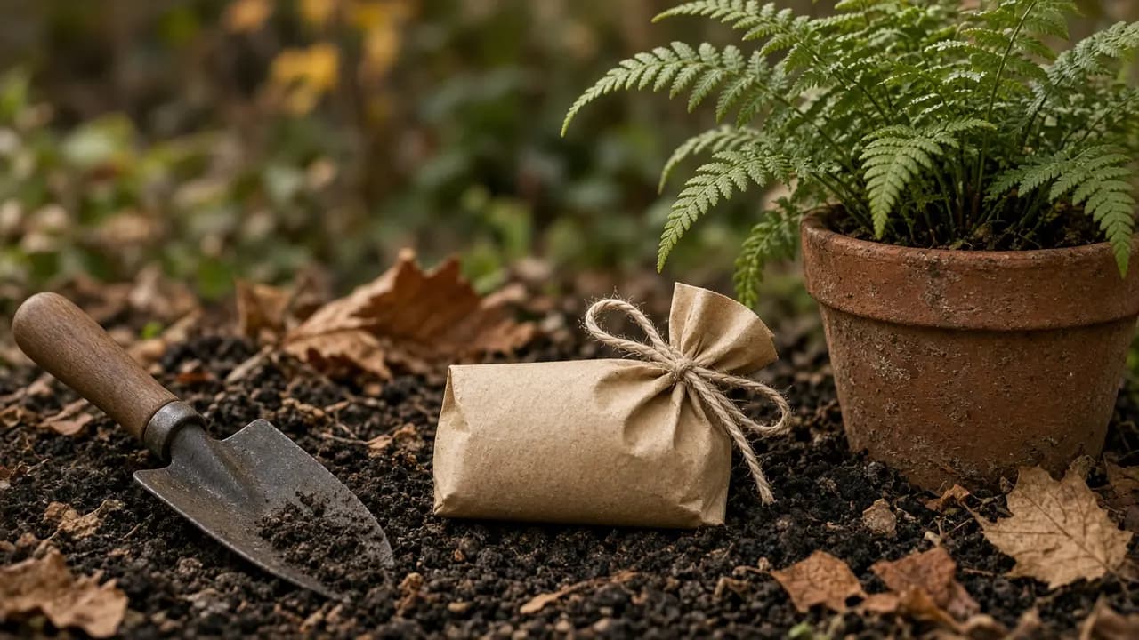 A small undyed recycled-paper pouch tied with cotton string resting on dark garden soil beside a trowel and a young fern in a clay pot, overcast autumn light