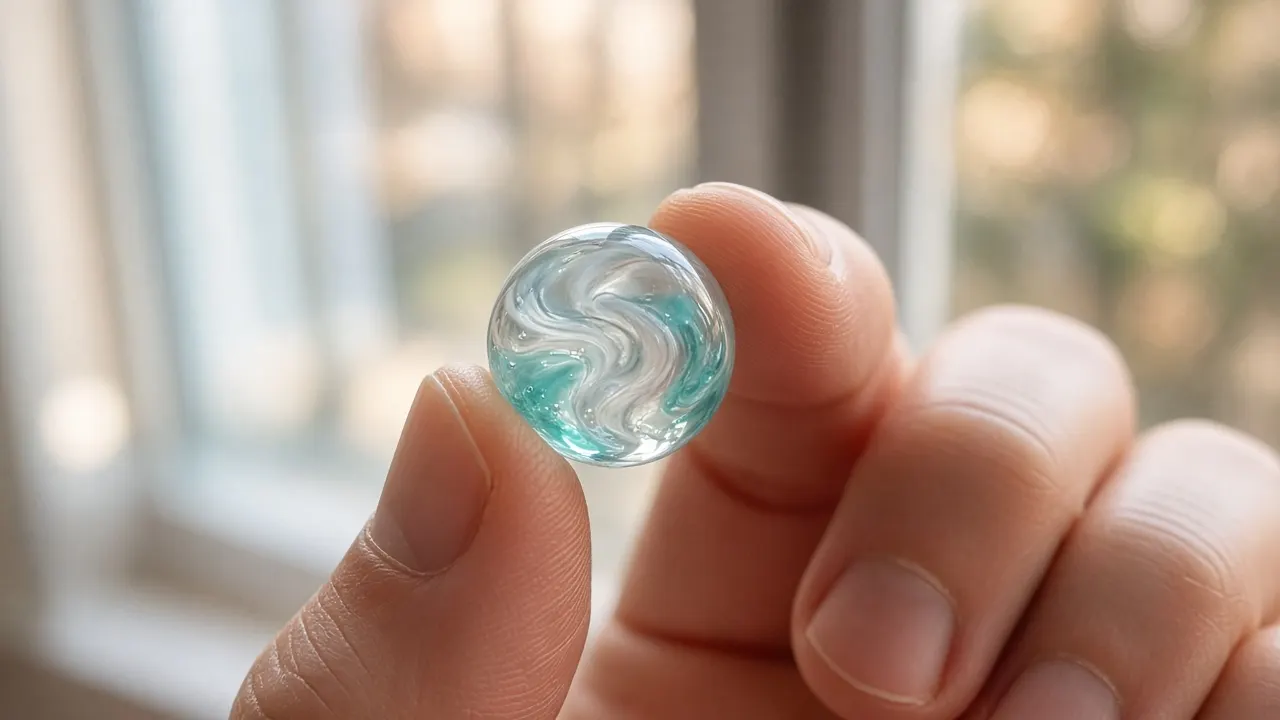 A small hand-blown glass bead with a swirl of pale grey and aqua held between fingertips against a blurred sunlit window