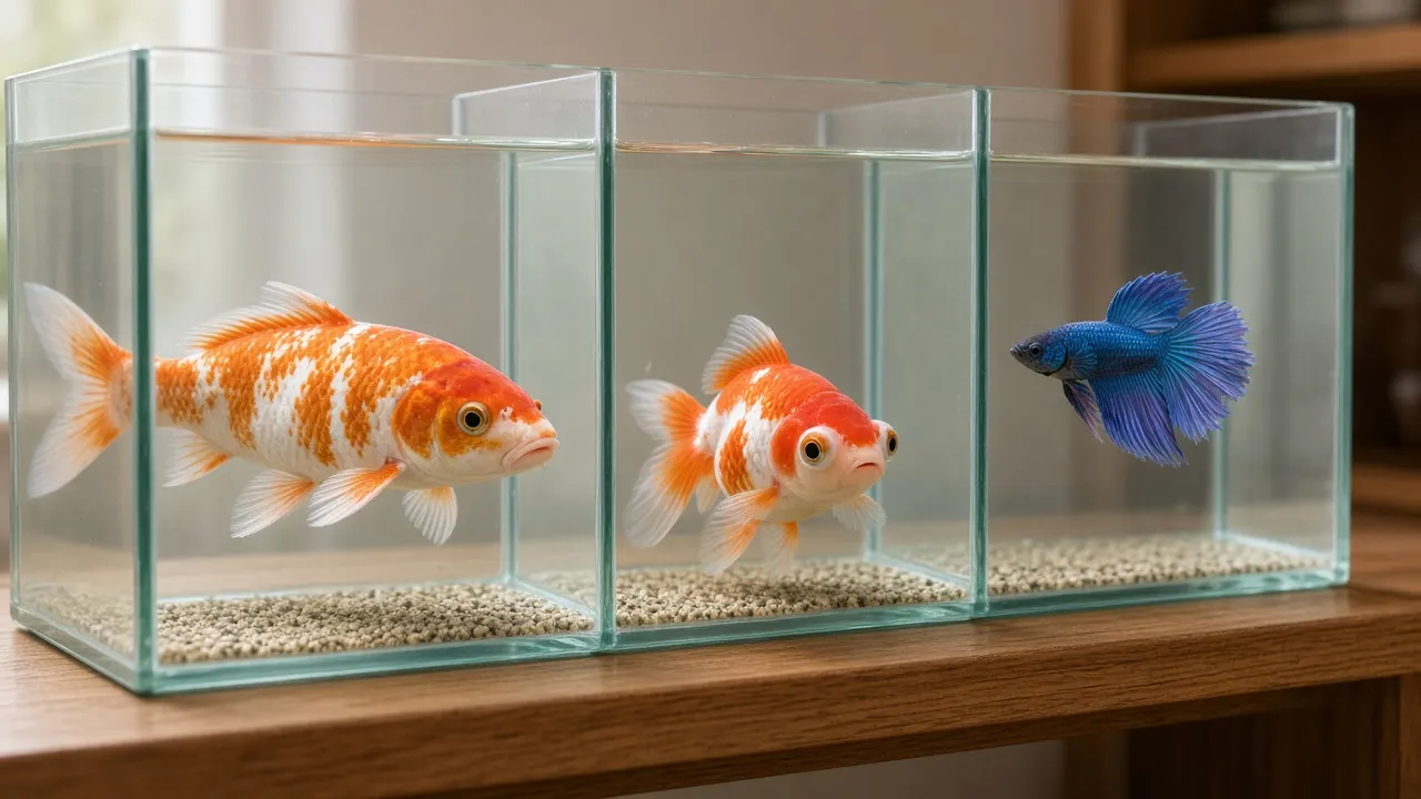 Three living fish in separate clear tanks side by side on a wooden shelf: a large orange and white koi, a round fancy goldfish and a small blue betta