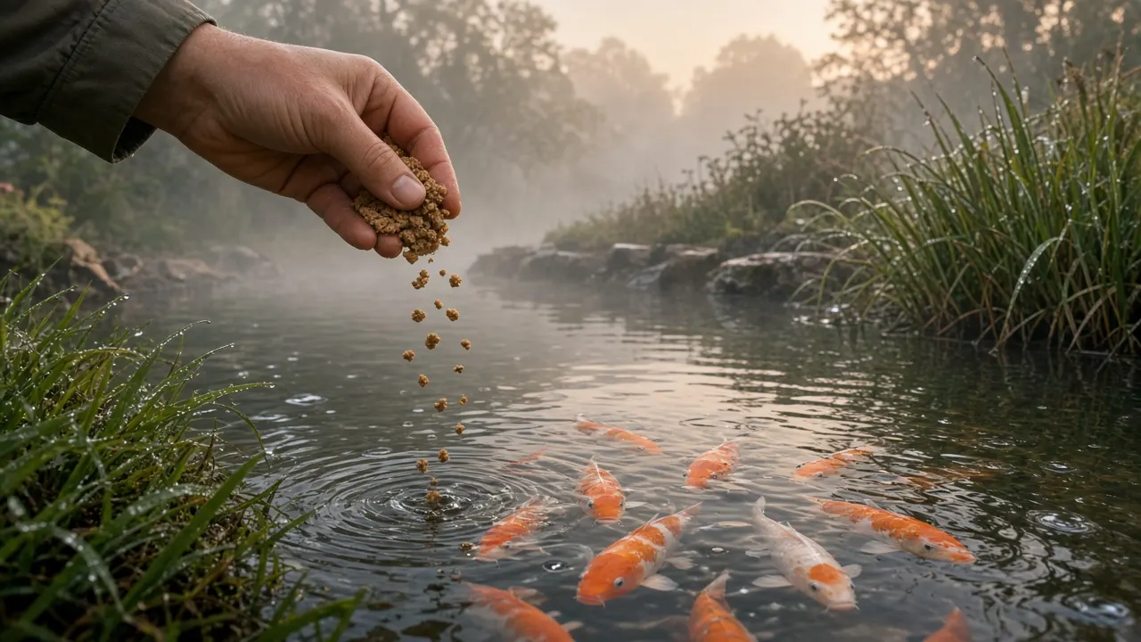 A person's hand holding a small scoop of fish food above a quiet backyard pond in early morning mist, with orange and white koi rising to the surface