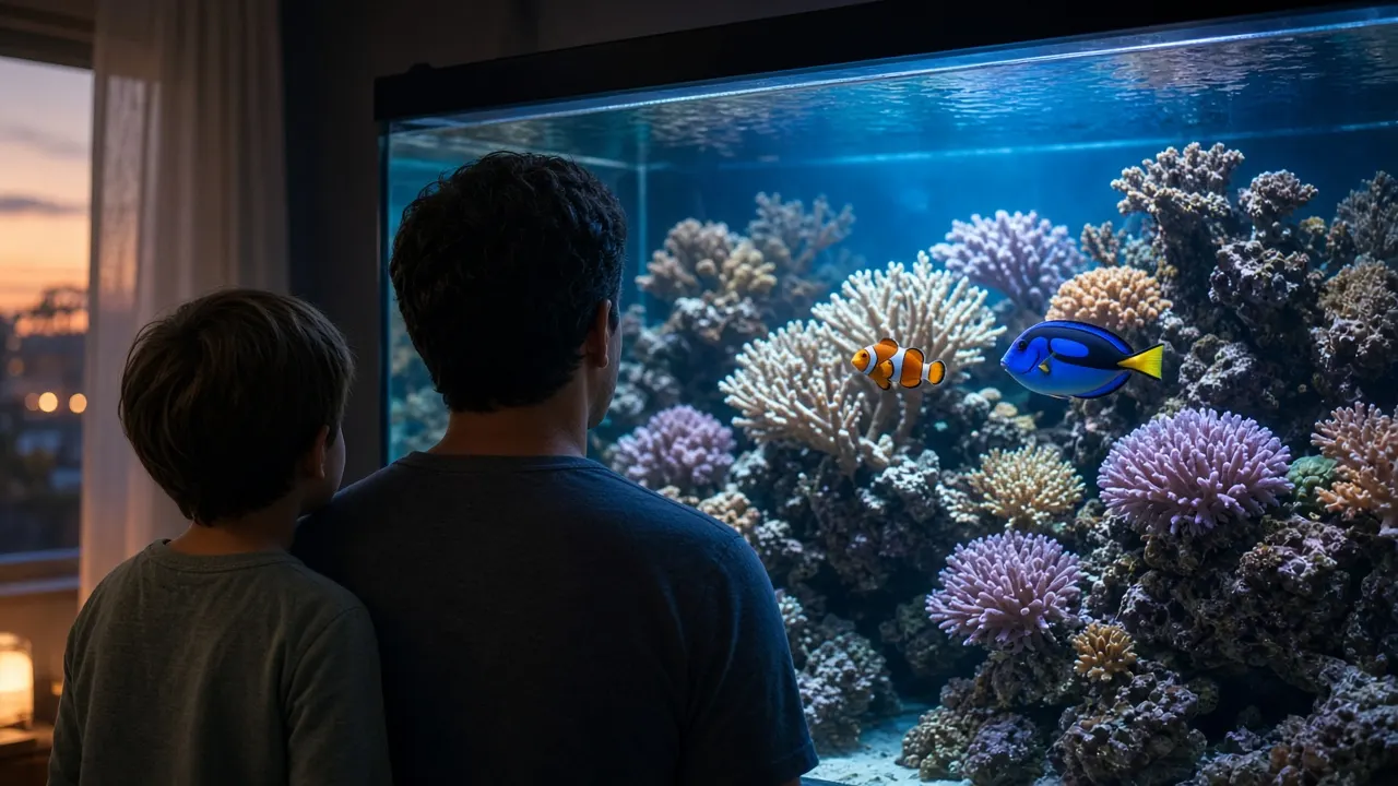 A child and a parent watching a clownfish and a blue tang swim among soft corals in a home reef aquarium at dusk