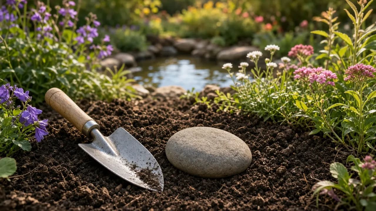 A trowel and a smooth flat stone resting on dark soil in a flower border, with a garden pond visible in the soft background