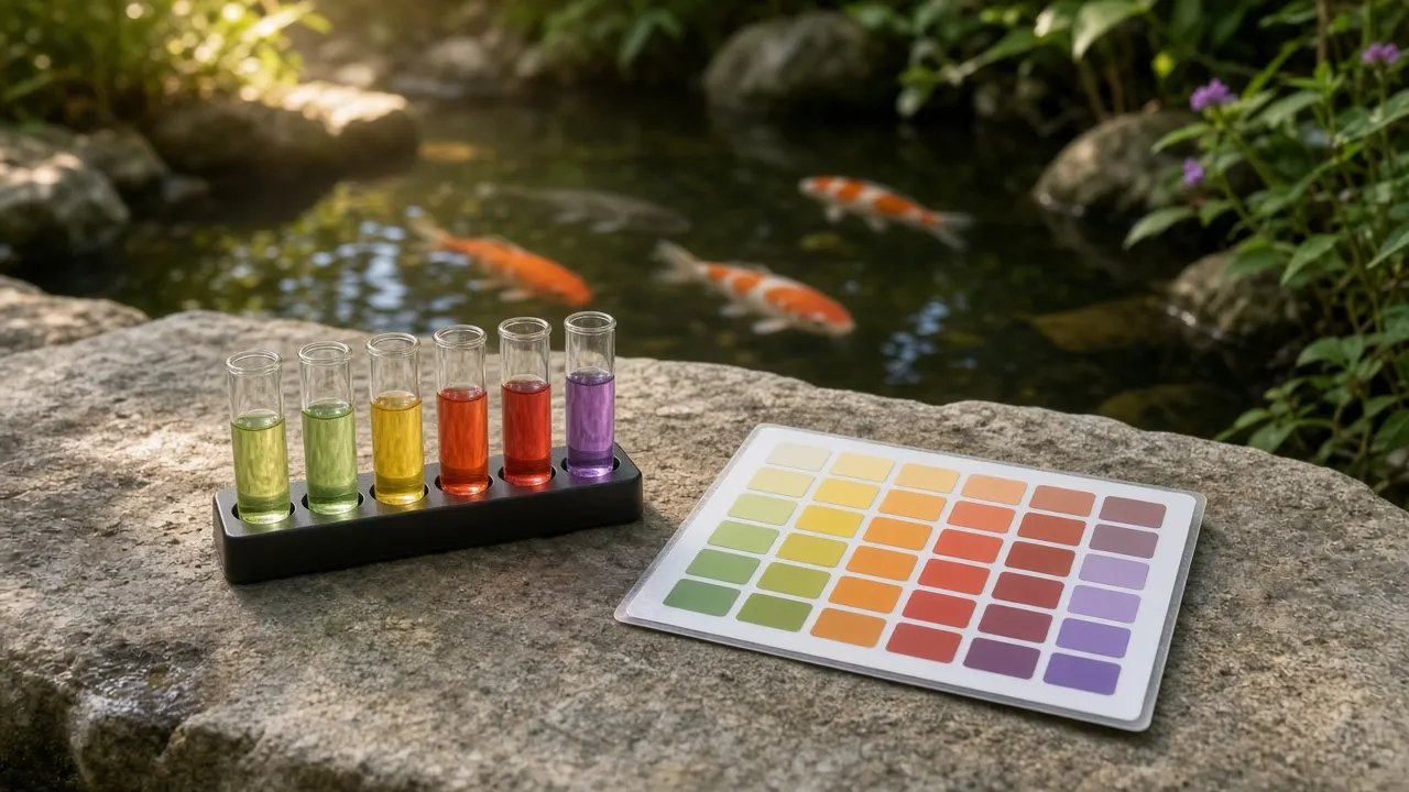 A liquid water test kit with small glass vials and a color chart laid out on a flat stone at the edge of a garden koi pond in morning light