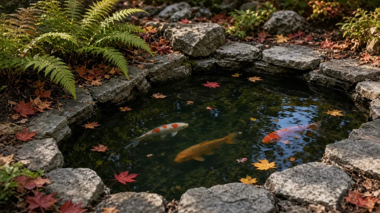 A small backyard koi pond edged with stones and ferns, dusted with the first autumn leaves