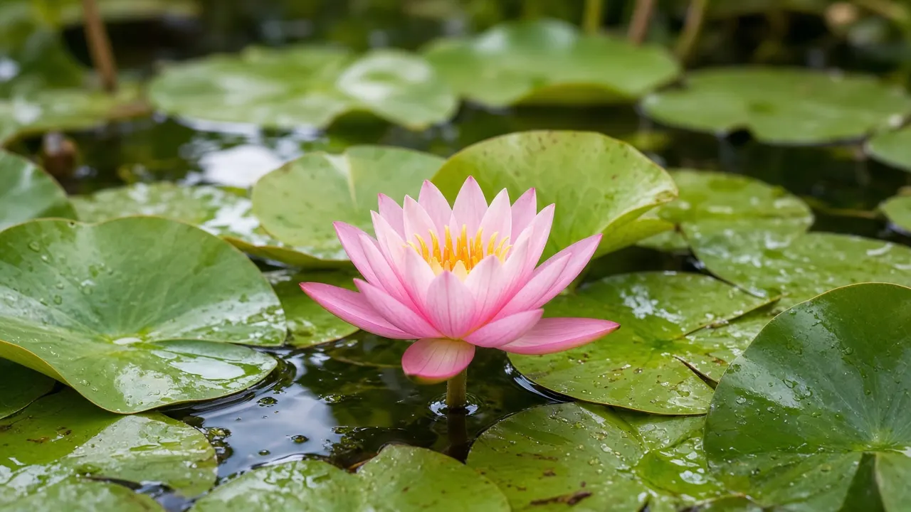 A pink water lily opening on a still garden pond surrounded by round green pads in summer light