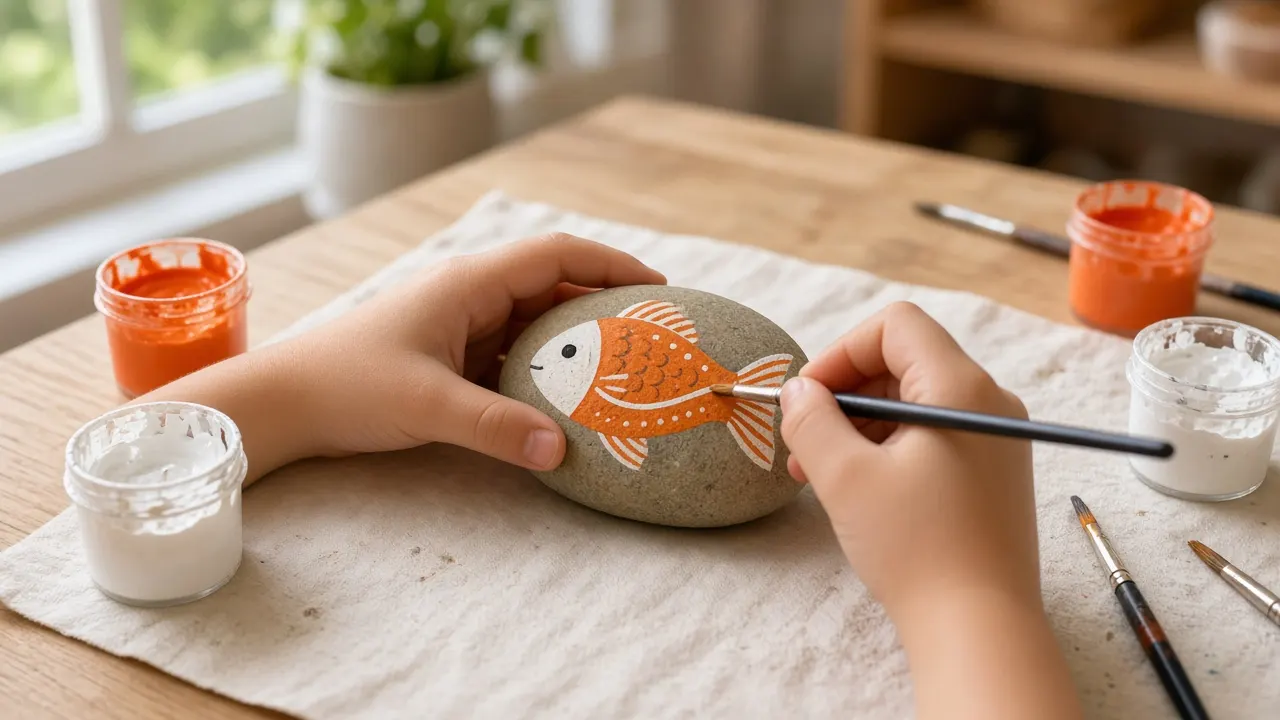 A child's hands painting a smooth river stone with an orange and white fish design at a kitchen table, with small paint pots and brushes around