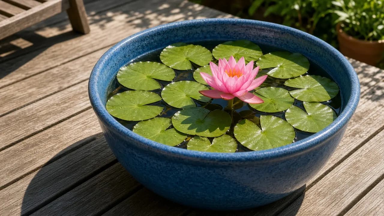 A glazed blue ceramic patio tub holding a single pink water lily in bloom with round green pads, on a sunny wooden deck in summer
