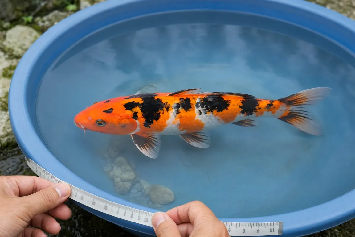 A keeper's hands holding a soft floating tape measure beside a calm orange and black koi in a shallow viewing bowl