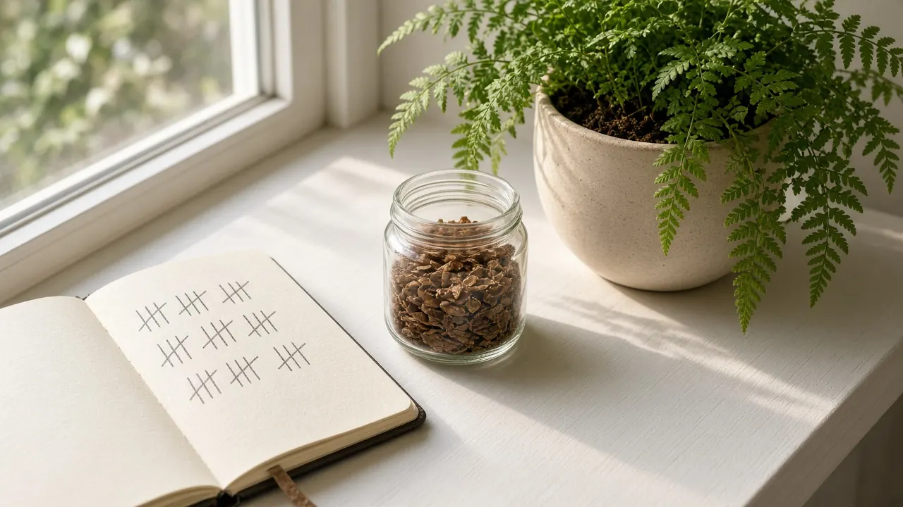 A handwritten tally in a notebook beside a jar of fish food and a small potted fern on a windowsill