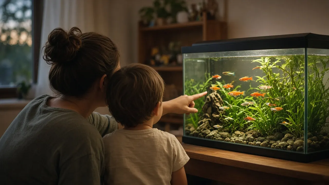 A parent and young child watching colorful fish in a home aquarium, seen from behind in soft evening light