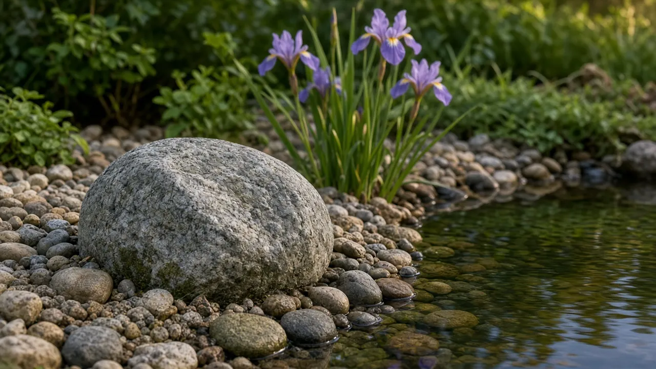 A low grey fieldstone set among smooth pebbles beside a garden pond, with purple flag irises in bloom on the shelf behind it in soft evening light