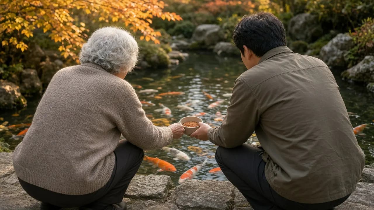 An older person and a younger adult crouching together at the stone edge of a garden pond, sharing a small container of fish food while living koi gather below, soft autumn light