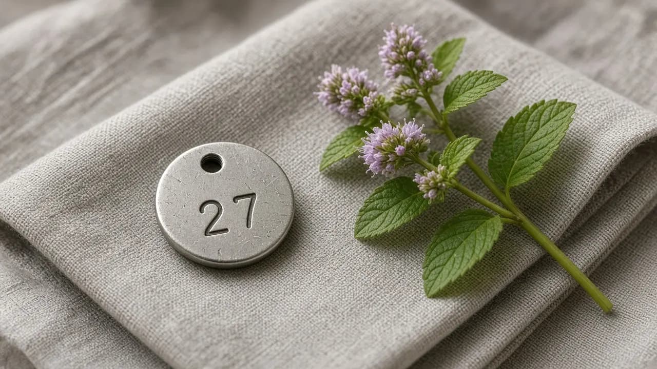 A small numbered stainless steel identification disc resting on a folded grey linen cloth beside a sprig of water mint