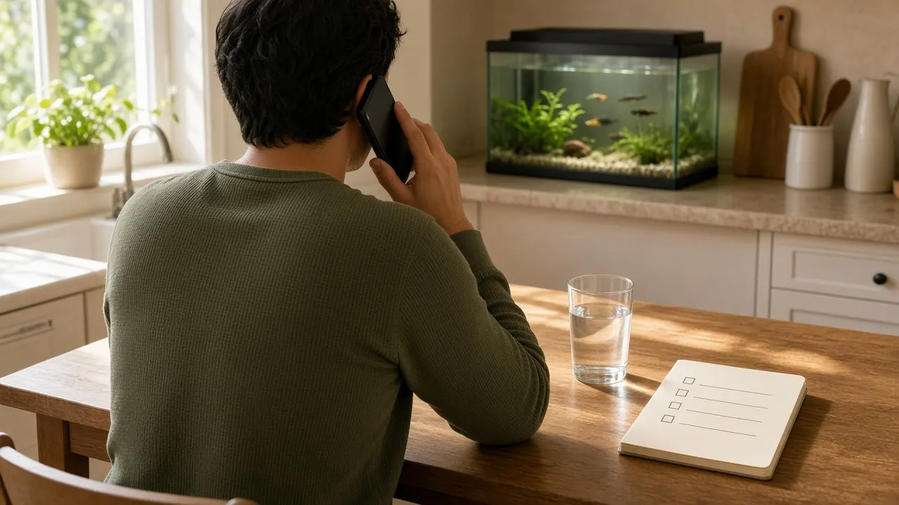 A person seen from behind sitting at a sunlit kitchen table with a phone to their ear and a short handwritten checklist beside a glass of water, a small aquarium on the counter