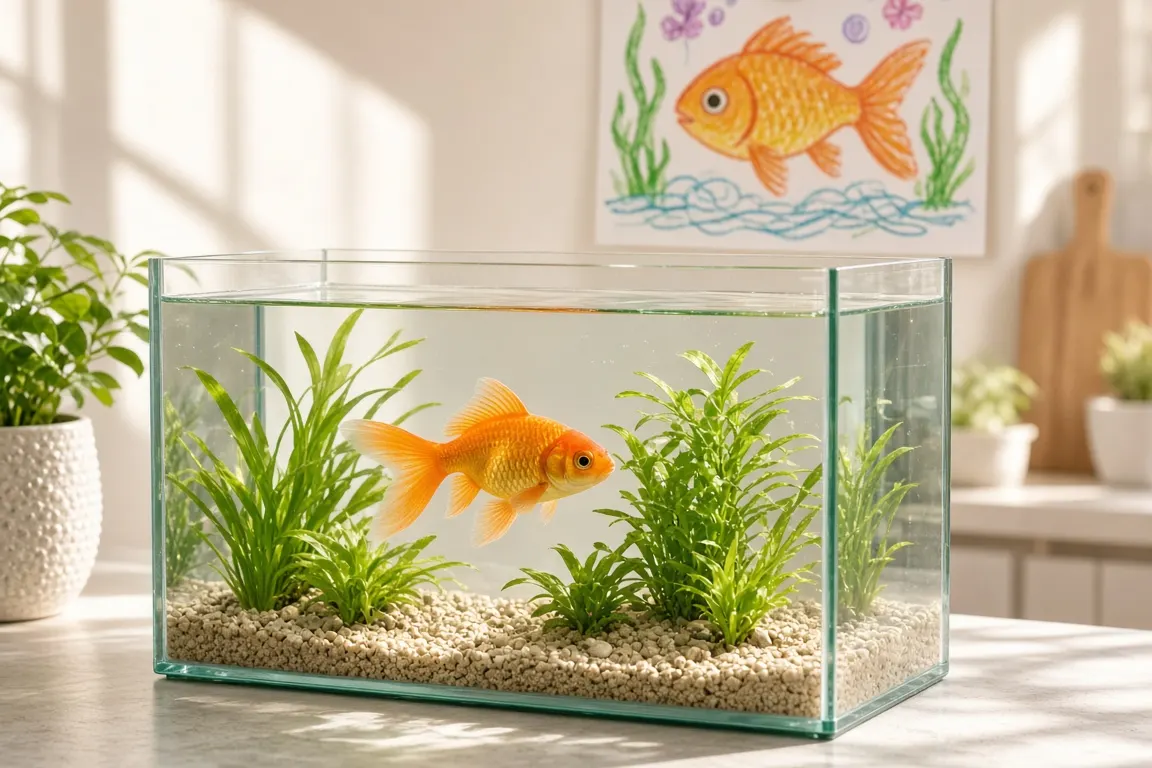 A fantail goldfish swimming in a planted glass tank on a sunny kitchen counter beside a child's drawing pinned to the wall