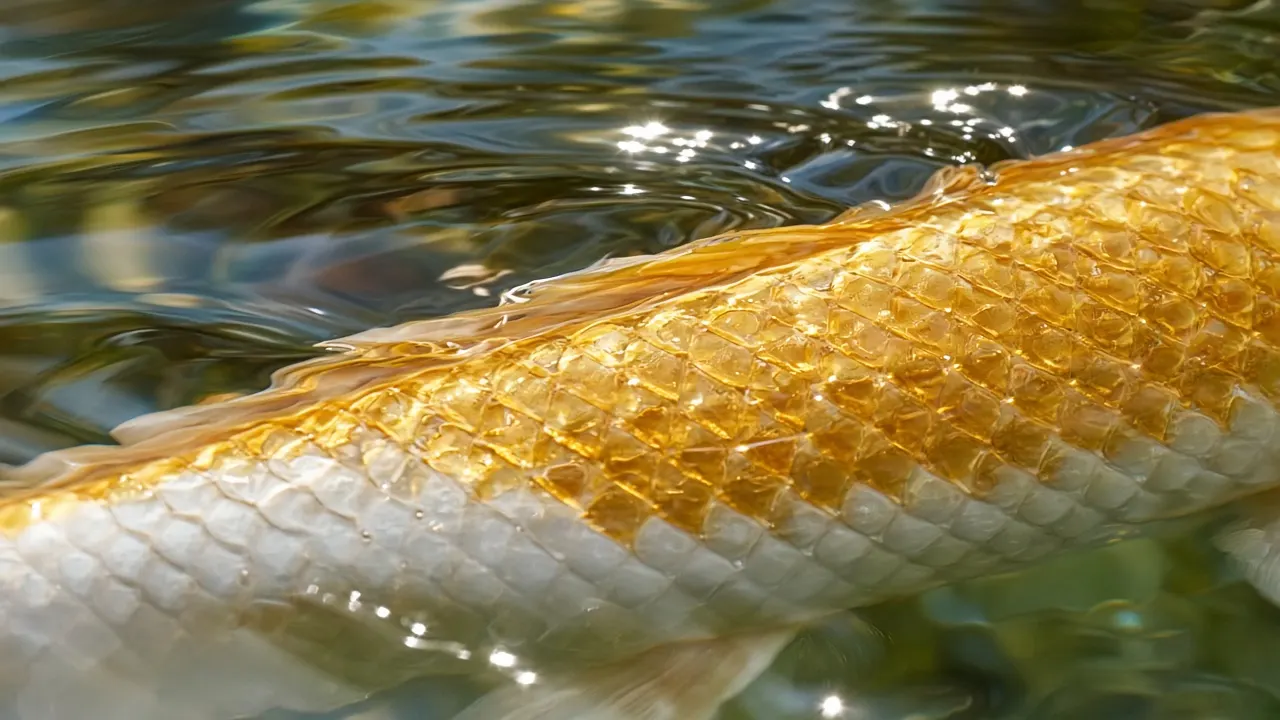 Close view of a gold and white koi's shimmering scales just below the surface of clear water