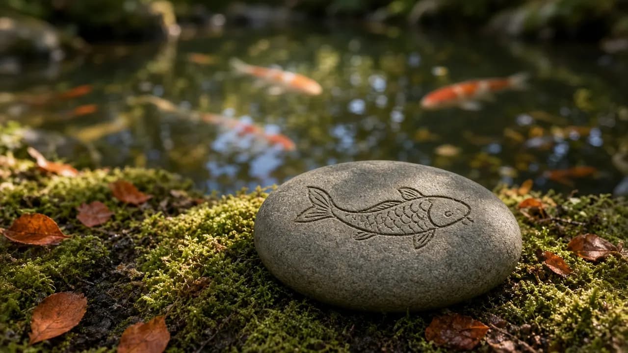 A smooth river stone engraved with a simple koi outline resting at the edge of a garden pond