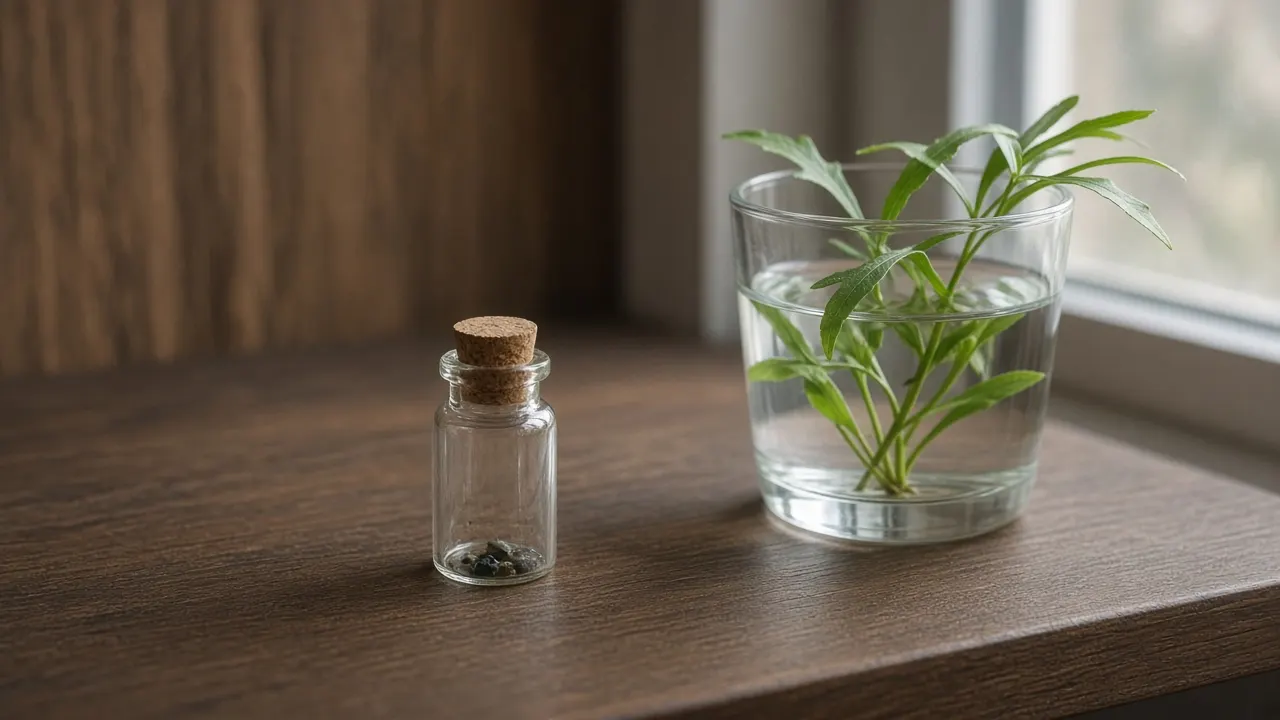 A tiny glass keepsake vial on a wooden shelf beside a small aquarium plant cutting