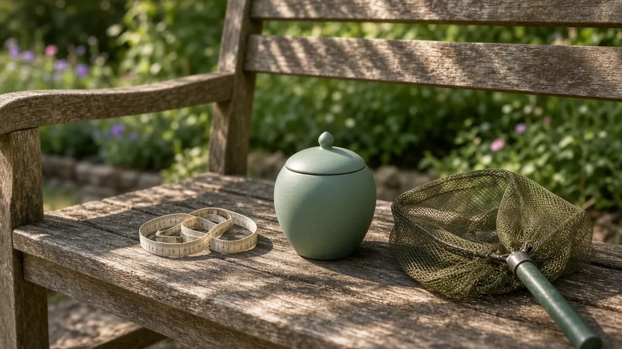 A soft measuring tape curled beside a small ceramic keepsake urn and a pond net on a garden bench