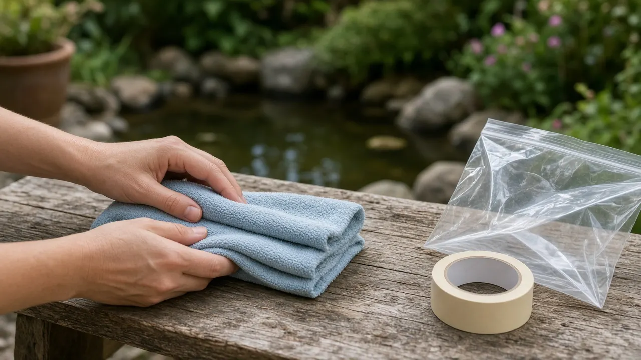 Hands folding a soft blue cotton towel on a garden workbench beside a clear heavy-duty bag and a roll of masking tape, a pond softly blurred behind