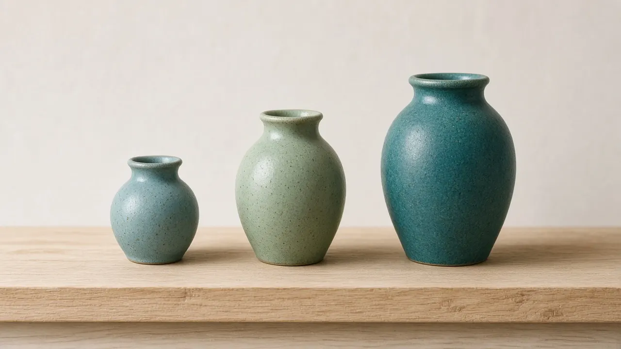 Three small ceramic urns in sea-glass blue and green arranged by size on a pale wooden shelf