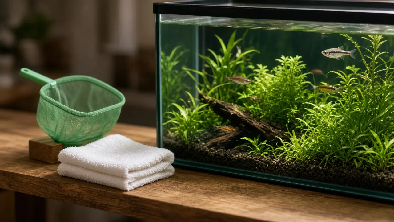 A green aquarium net and a folded white hand towel resting on a wooden shelf beside a softly lit planted fish tank