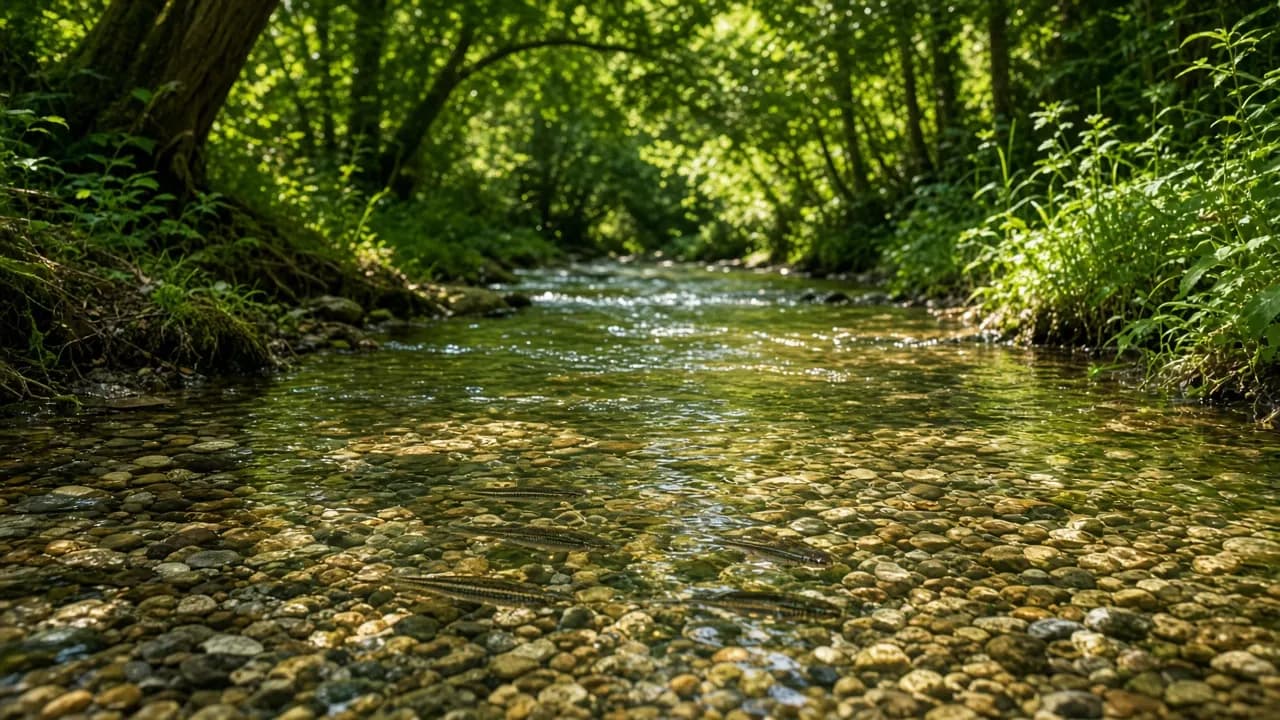 A clear shallow stream running over rounded pebbles under green summer trees, with small native fish visible in the current